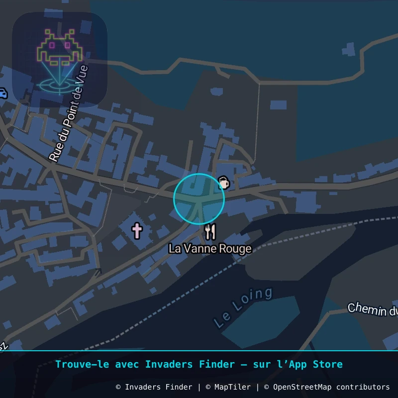 Zone approximative de l'invader FTBL_27, dans le quartier Centre-ville, Montigny-sur-Loing à Fontainebleau. Emplacement exact disponible dans l'app Invaders Finder.