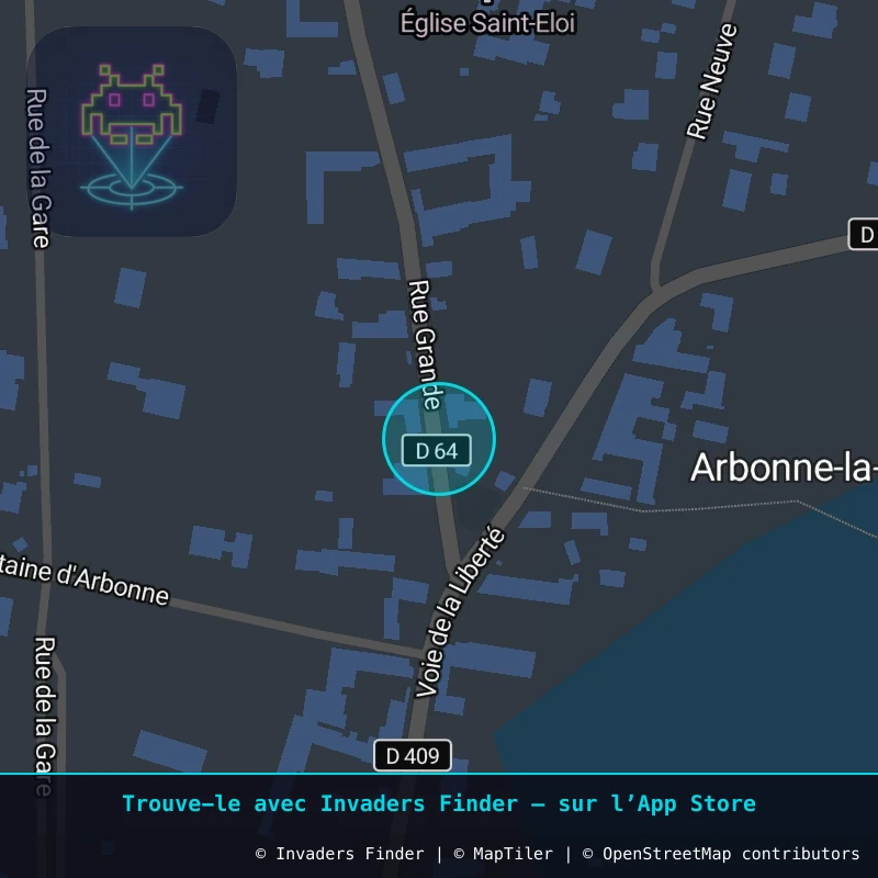 Zone approximative de l'invader FTBL_32, dans le quartier Centre-ville, Arbonne-la-Forêt à Fontainebleau. Emplacement exact disponible dans l'app Invaders Finder.