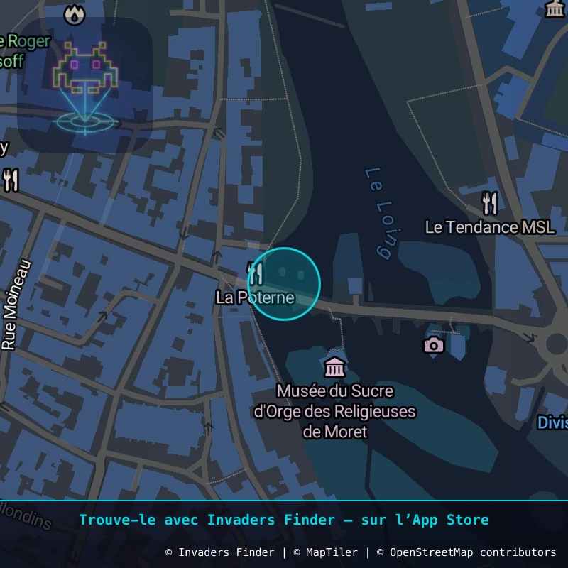 Zone approximative de l'invader FTBL_37, dans le quartier Les Plains, Moret-sur-Loing à Fontainebleau. Emplacement exact disponible dans l'app Invaders Finder.