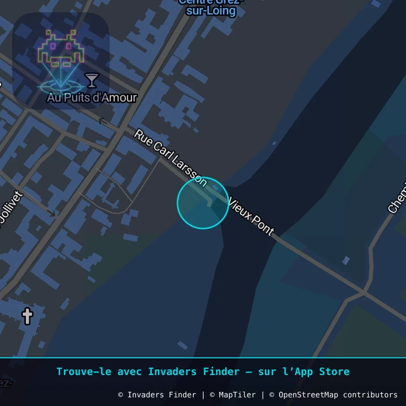 Zone approximative de l'invader FTBL_46, dans le quartier Centre-ville, Grez-sur-Loing à Fontainebleau. Emplacement exact disponible dans l'app Invaders Finder.