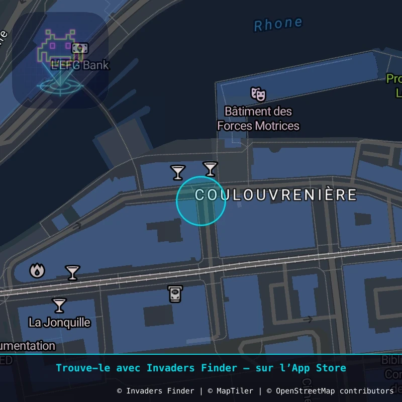 Zone approximative de l'invader GNV_01, dans le quartier Jonction, Genève à Genève. Emplacement exact disponible dans l'app Invaders Finder.