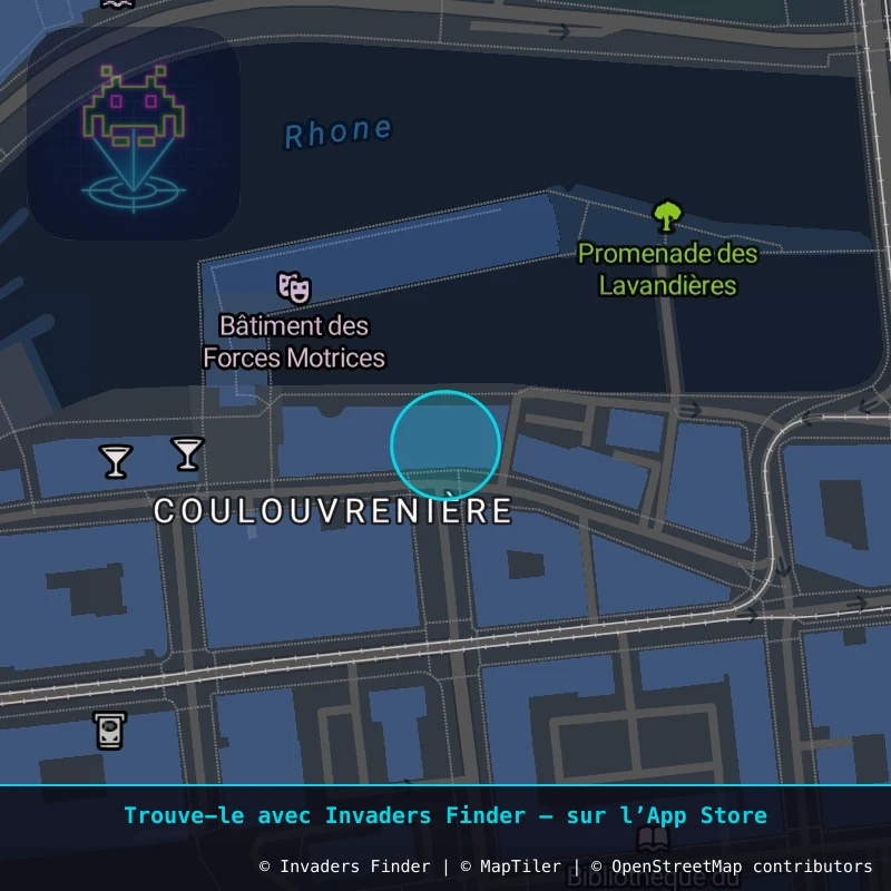 Zone approximative de l'invader GNV_02, dans le quartier Jonction, Genève à Genève. Emplacement exact disponible dans l'app Invaders Finder.