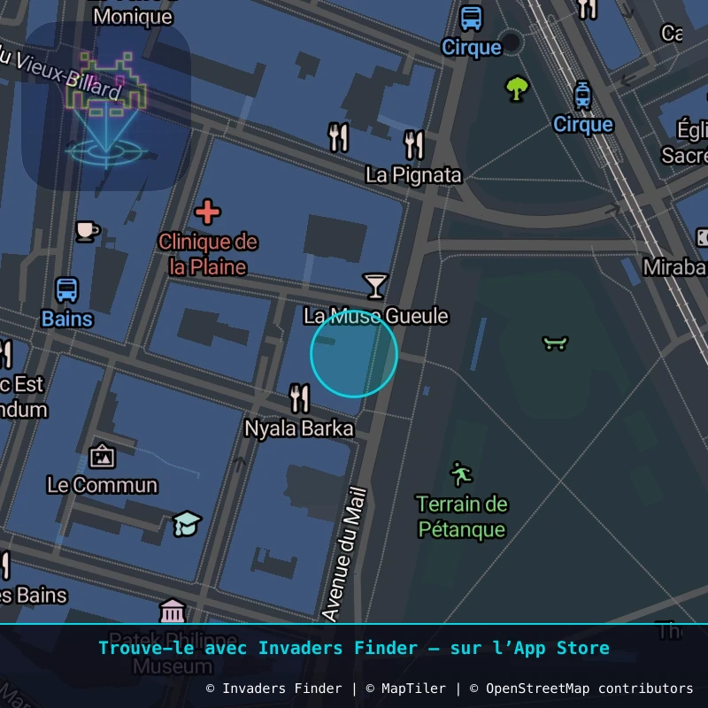 Zone approximative de l'invader GNV_06, dans le quartier Jonction, Genève à Genève. Emplacement exact disponible dans l'app Invaders Finder.