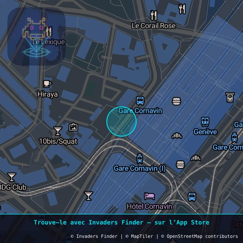 Zone approximative de l'invader GNV_09, dans le quartier Jonction, Genève à Genève. Emplacement exact disponible dans l'app Invaders Finder.