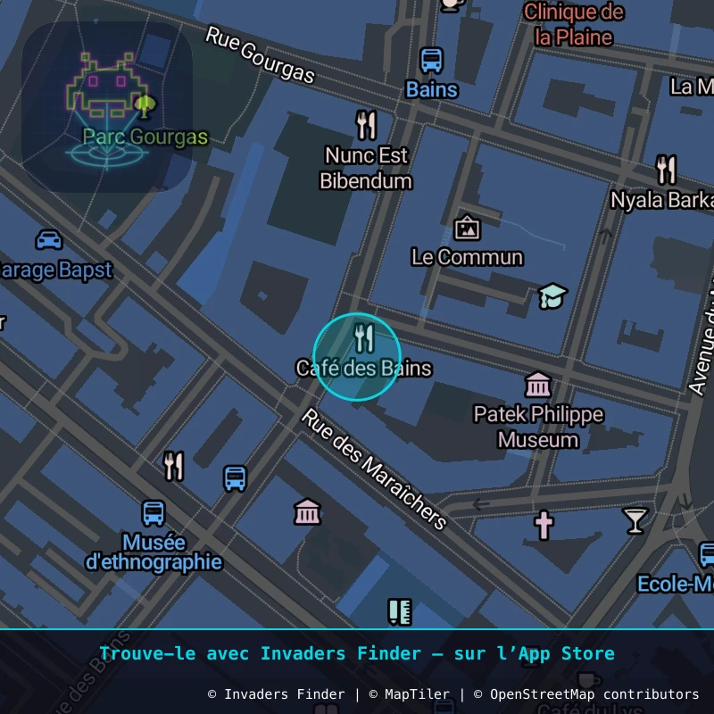 Zone approximative de l'invader GNV_12, dans le quartier Jonction, Genève à Genève. Emplacement exact disponible dans l'app Invaders Finder.