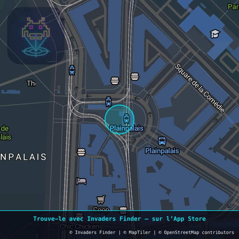 Zone approximative de l'invader GNV_13, dans le quartier Jonction, Genève à Genève. Emplacement exact disponible dans l'app Invaders Finder.