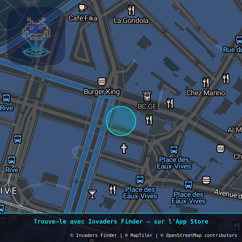 Zone approximative de l'invader GNV_26, dans le quartier Jonction, Genève à Genève. Emplacement exact disponible dans l'app Invaders Finder.