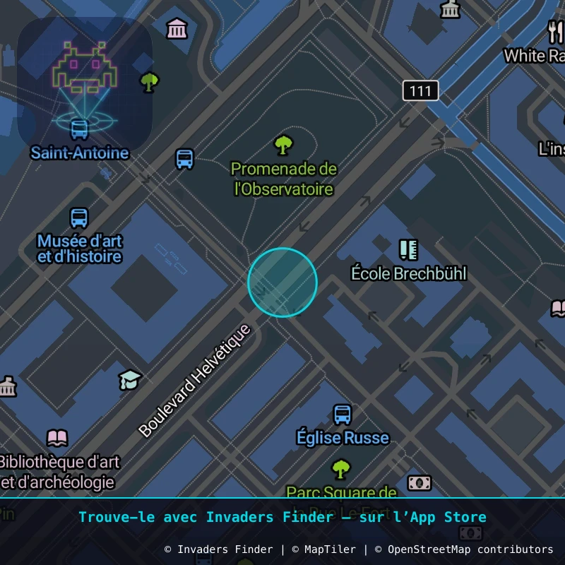 Zone approximative de l'invader GNV_28, dans le quartier Jonction, Genève à Genève. Emplacement exact disponible dans l'app Invaders Finder.