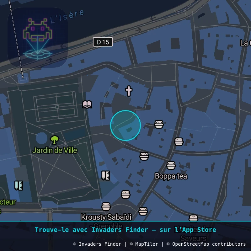 Zone approximative de l'invader GRN_02, dans le quartier Secteur 2, Grenoble à Grenoble. Emplacement exact disponible dans l'app Invaders Finder.