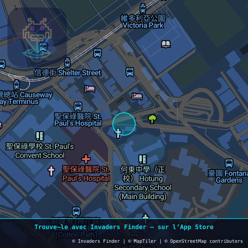 Zone approximative de l'invader HK_34, dans le quartier Caroline Hill, Hong Kong à Hong Kong. Emplacement exact disponible dans l'app Invaders Finder.