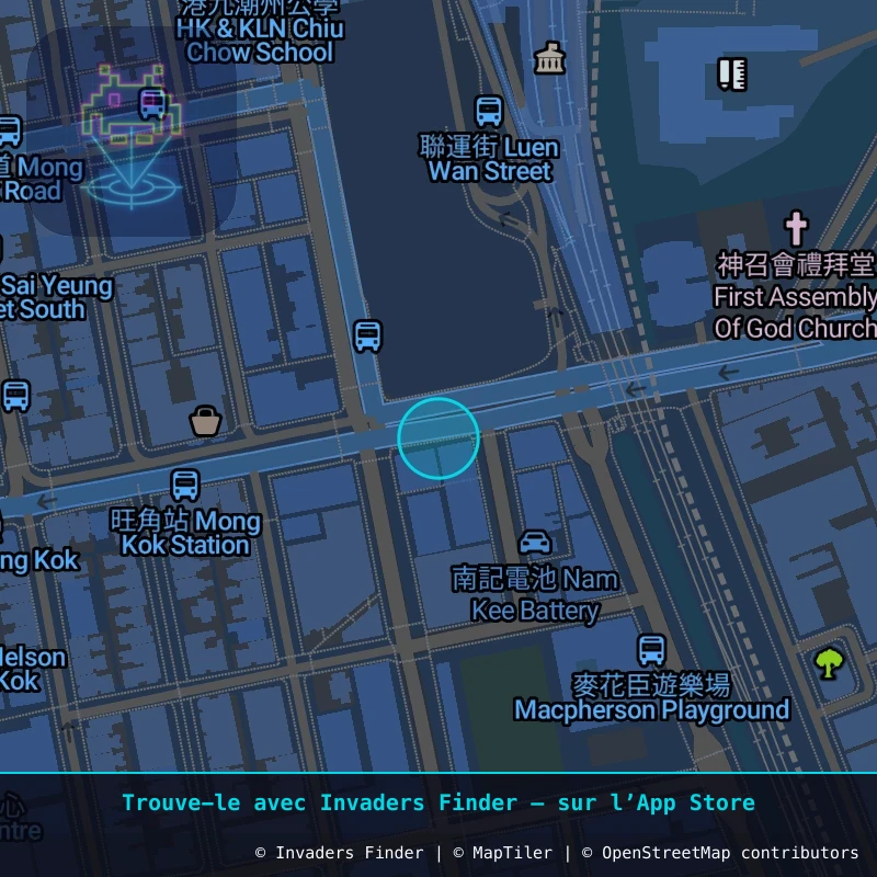 Zone approximative de l'invader HK_54, dans le quartier Mong Kok à Hong Kong. Emplacement exact disponible dans l'app Invaders Finder.