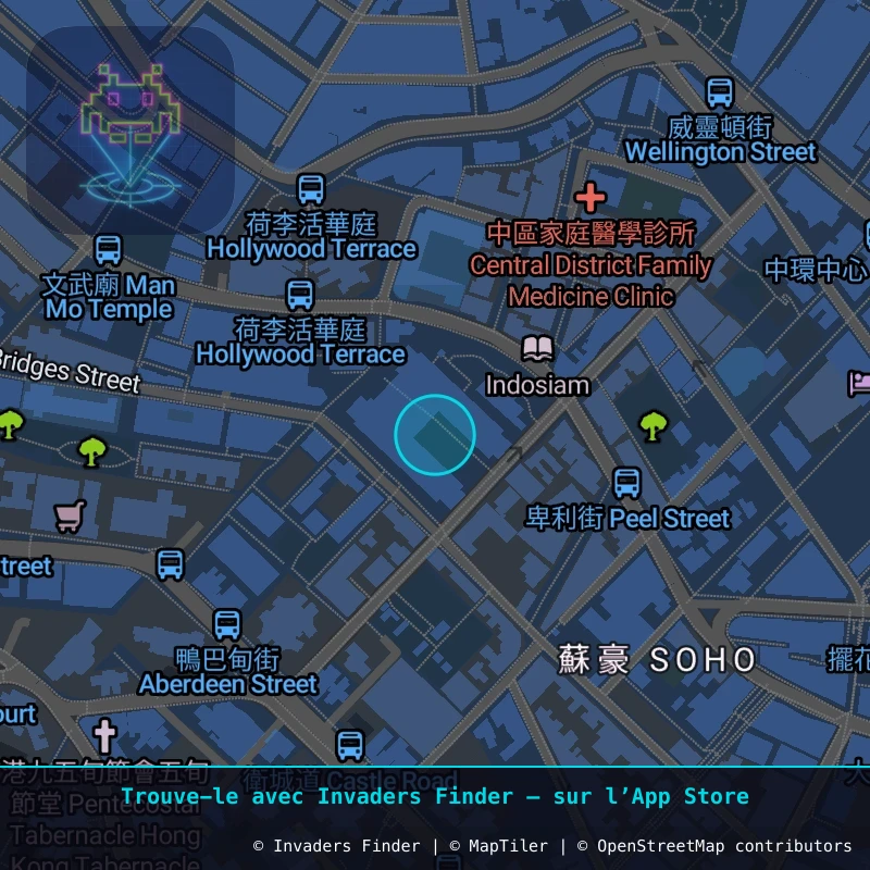 Zone approximative de l'invader HK_80, dans le quartier SoHo, Hong Kong à Hong Kong. Emplacement exact disponible dans l'app Invaders Finder.