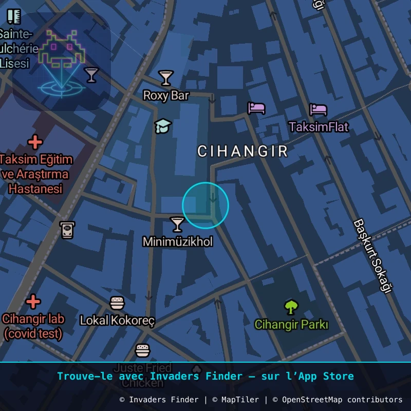 Zone approximative de l'invader IST_20, dans le quartier Tünel, Beyoğlu à Istanbul. Emplacement exact disponible dans l'app Invaders Finder.