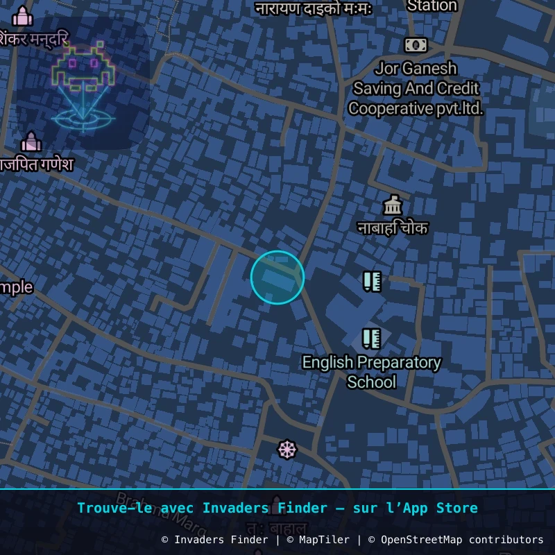 Zone approximative de l'invader KAT_16, dans le quartier Kathmandu-26 à Katmandou. Emplacement exact disponible dans l'app Invaders Finder.