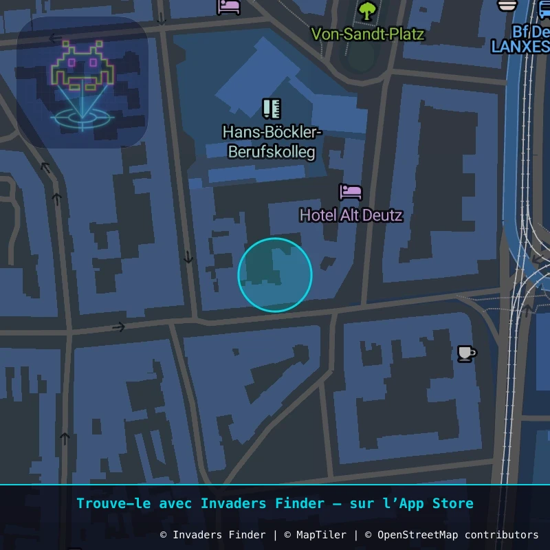 Zone approximative de l'invader KLN_01, dans le quartier Deutz, Cologne à Cologne. Emplacement exact disponible dans l'app Invaders Finder.