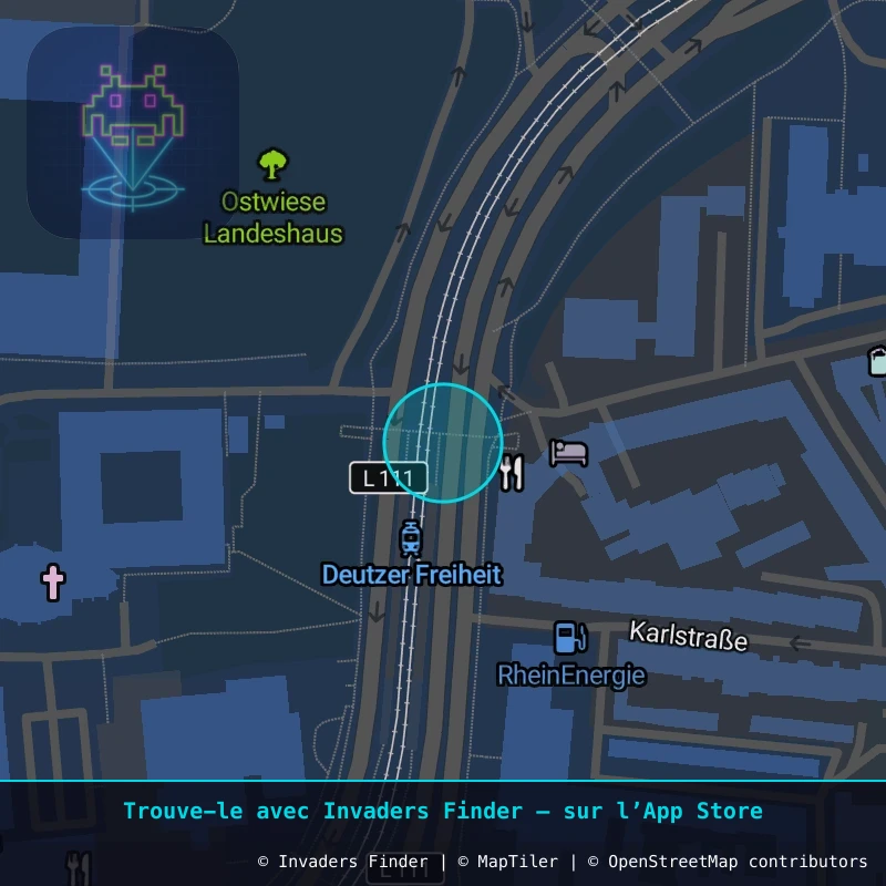 Zone approximative de l'invader KLN_17, dans le quartier Deutz, Cologne à Cologne. Emplacement exact disponible dans l'app Invaders Finder.