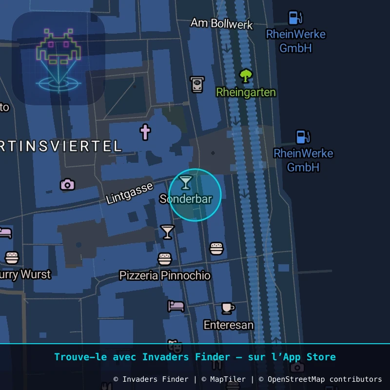 Zone approximative de l'invader KLN_22, dans le quartier Deutz, Cologne à Cologne. Emplacement exact disponible dans l'app Invaders Finder.