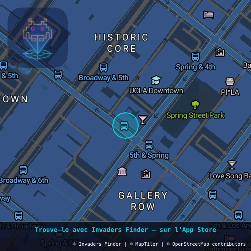 Zone approximative de l'invader LA_196, dans le quartier Centre-ville de Los Angeles à Los Angeles. Emplacement exact disponible dans l'app Invaders Finder.