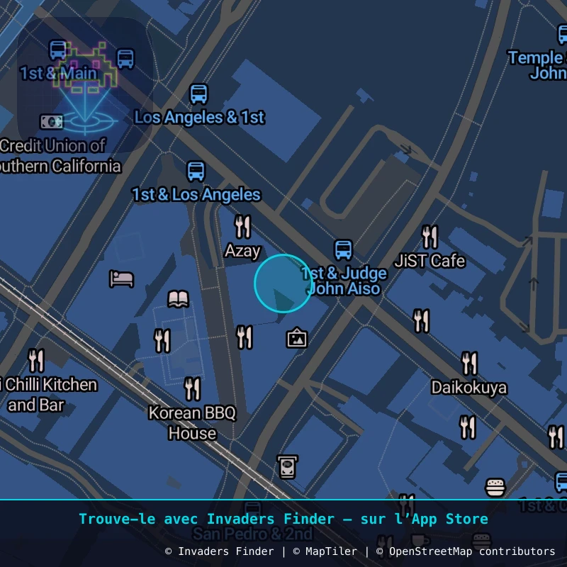 Zone approximative de l'invader LA_204, dans le quartier Centre-ville de Los Angeles à Los Angeles. Emplacement exact disponible dans l'app Invaders Finder.