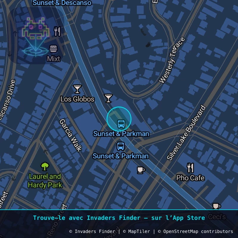 Zone approximative de l'invader LA_211, dans le quartier Echo Park, Los Angeles à Los Angeles. Emplacement exact disponible dans l'app Invaders Finder.