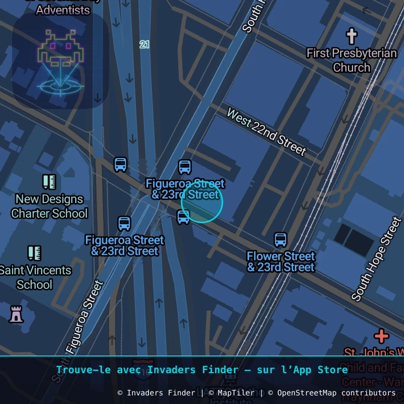 Zone approximative de l'invader LA_49, dans le quartier Centre-ville de Los Angeles à Los Angeles. Emplacement exact disponible dans l'app Invaders Finder.