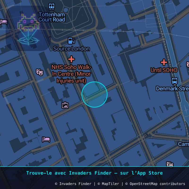 Zone approximative de l'invader LDN_05, dans le quartier Soho, Cité de Westminster à Londres. Emplacement exact disponible dans l'app Invaders Finder.