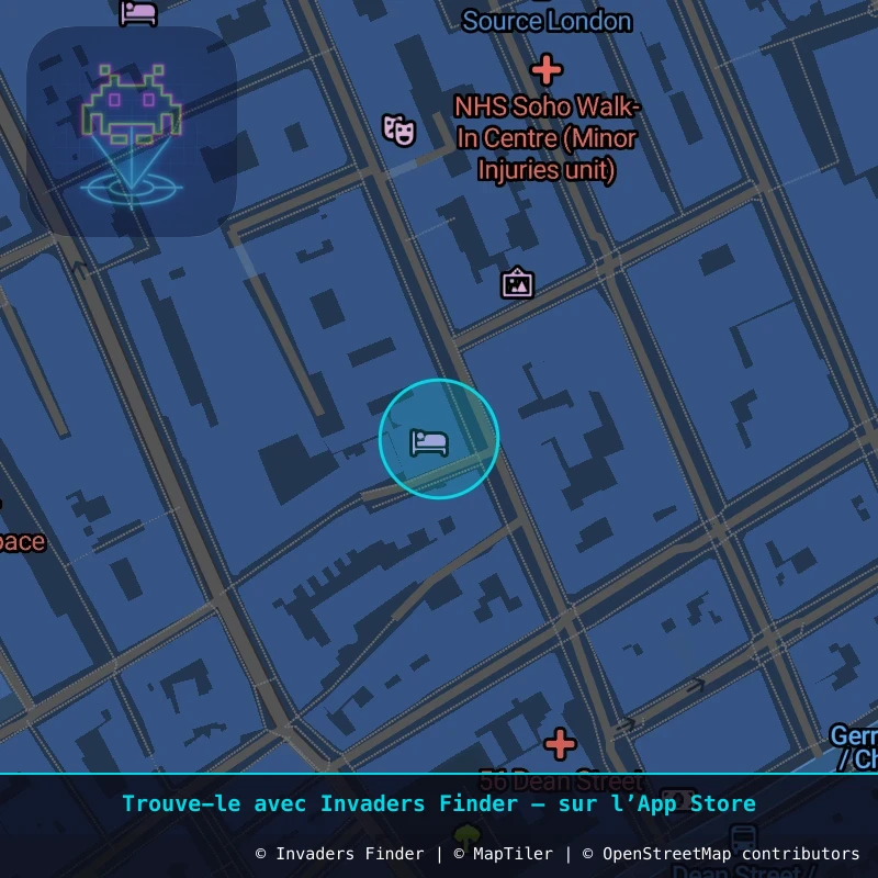 Zone approximative de l'invader LDN_06, dans le quartier Soho, Cité de Westminster à Londres. Emplacement exact disponible dans l'app Invaders Finder.