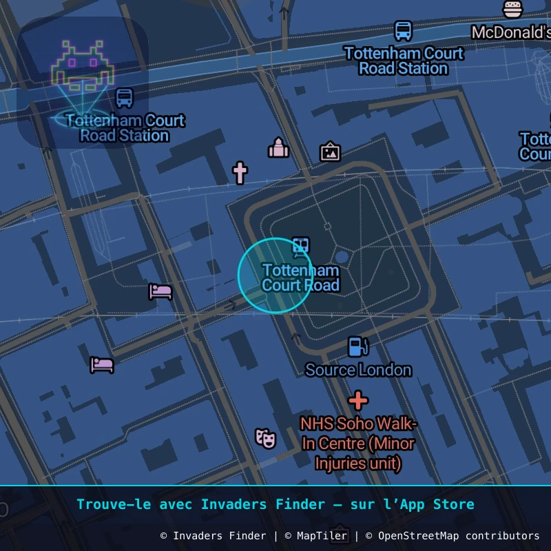 Zone approximative de l'invader LDN_07, dans le quartier Soho, Cité de Westminster à Londres. Emplacement exact disponible dans l'app Invaders Finder.