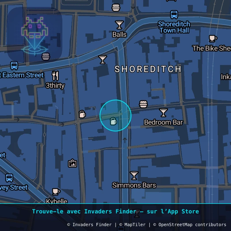 Zone approximative de l'invader LDN_102, dans le quartier Hackney, Grand Londres à Londres. Emplacement exact disponible dans l'app Invaders Finder.