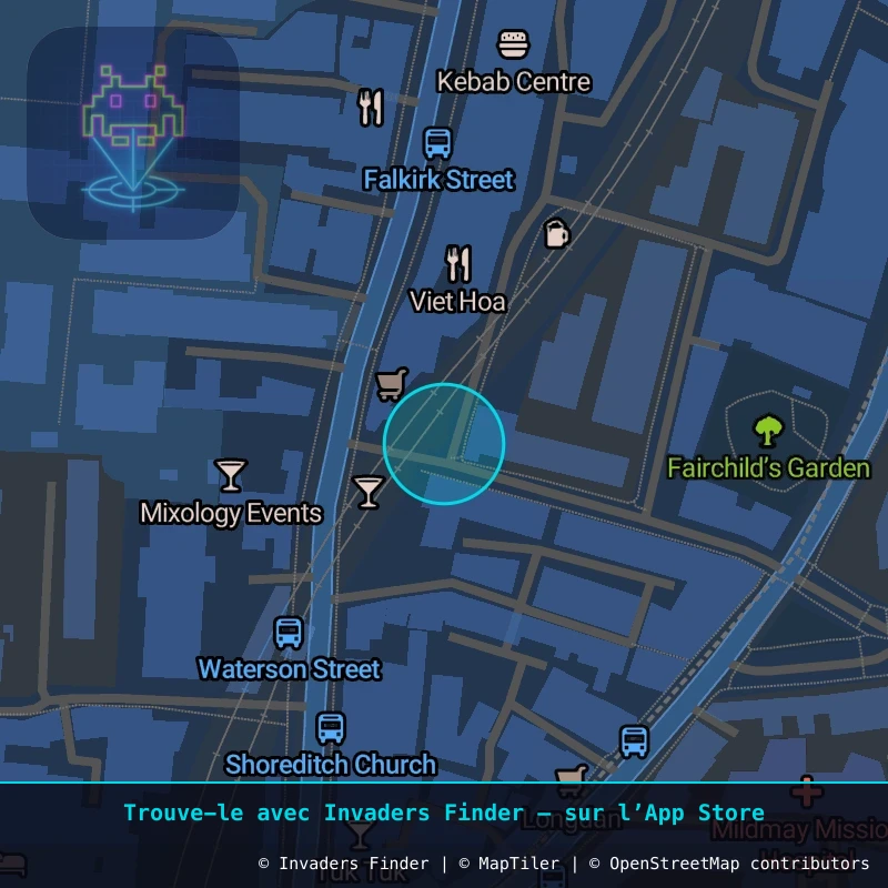 Zone approximative de l'invader LDN_106, dans le quartier Hackney, Grand Londres à Londres. Emplacement exact disponible dans l'app Invaders Finder.