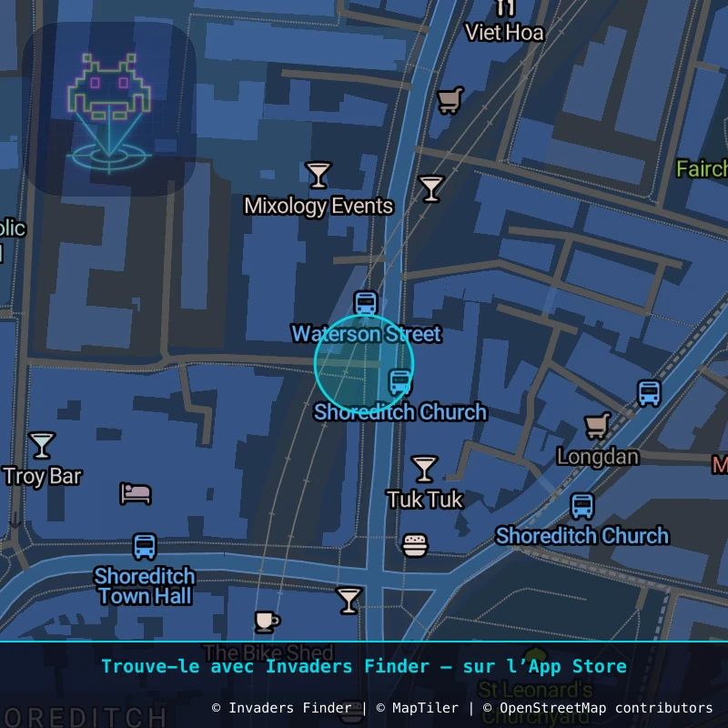 Zone approximative de l'invader LDN_111, dans le quartier Hackney, Grand Londres à Londres. Emplacement exact disponible dans l'app Invaders Finder.