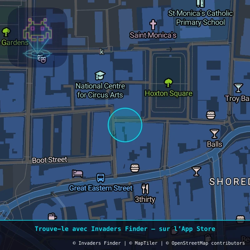 Zone approximative de l'invader LDN_121, dans le quartier Spitalfields, Grand Londres à Londres. Emplacement exact disponible dans l'app Invaders Finder.