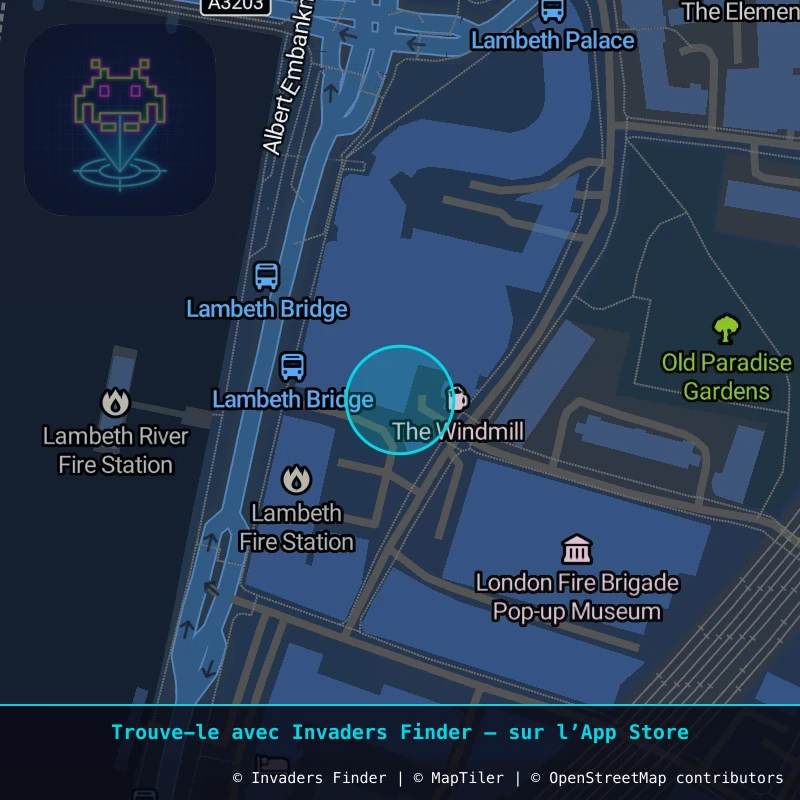 Zone approximative de l'invader LDN_126, dans le quartier Lambeth à Londres. Emplacement exact disponible dans l'app Invaders Finder.