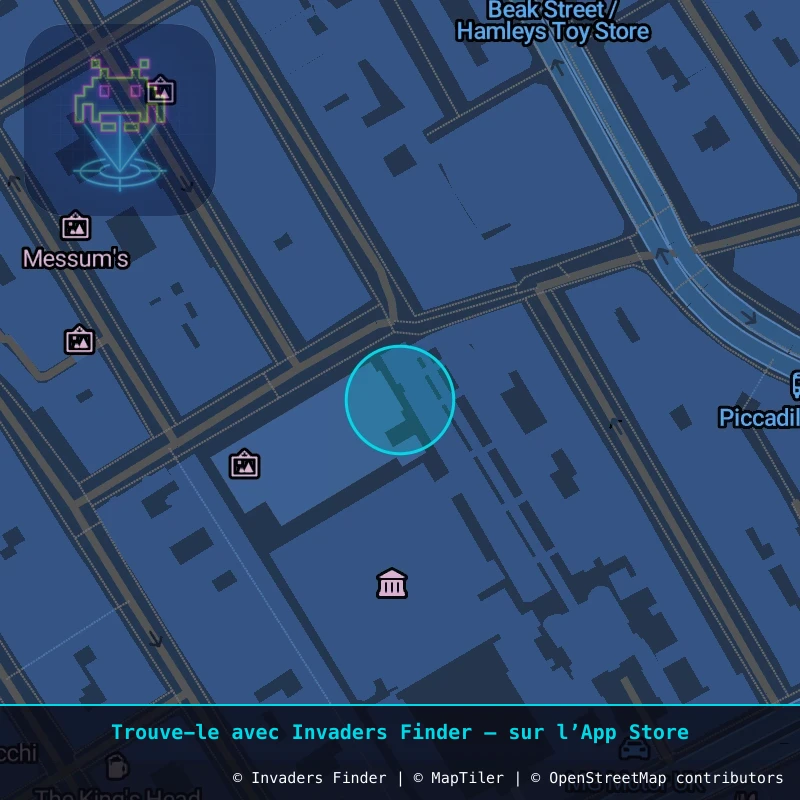 Zone approximative de l'invader LDN_13, dans le quartier Soho, Cité de Westminster à Londres. Emplacement exact disponible dans l'app Invaders Finder.