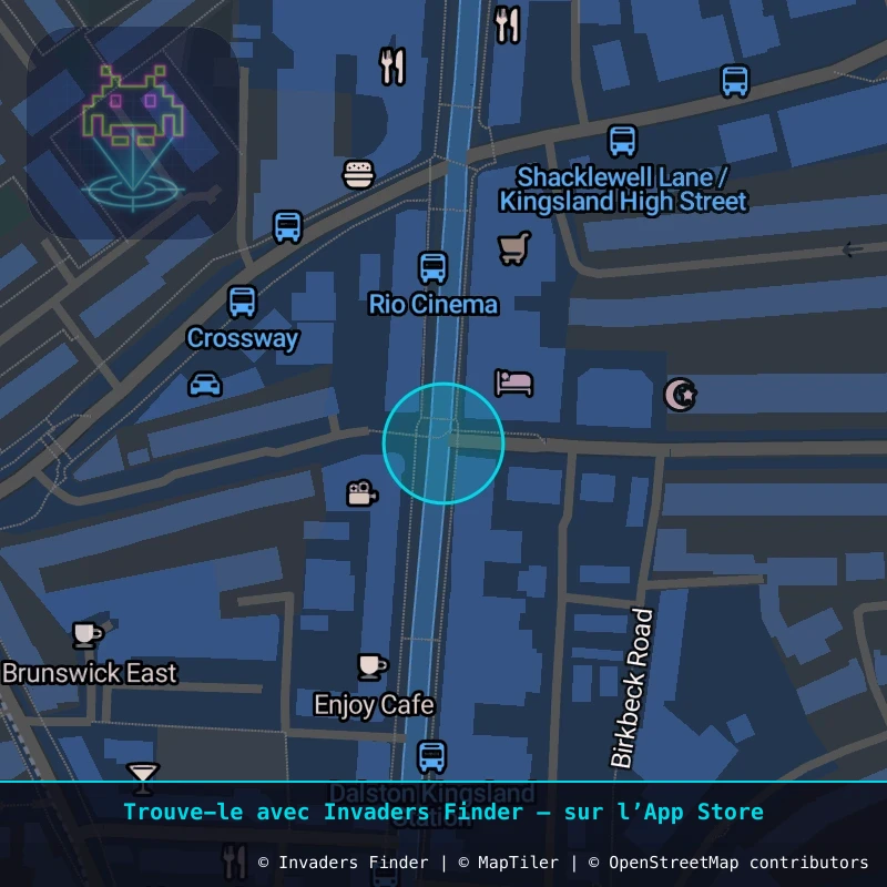 Zone approximative de l'invader LDN_135, dans le quartier Hackney, Grand Londres à Londres. Emplacement exact disponible dans l'app Invaders Finder.