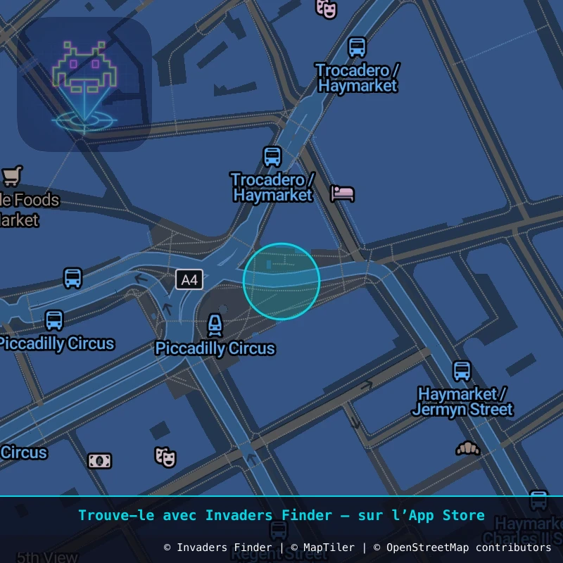 Zone approximative de l'invader LDN_14, dans le quartier Soho, Cité de Westminster à Londres. Emplacement exact disponible dans l'app Invaders Finder.