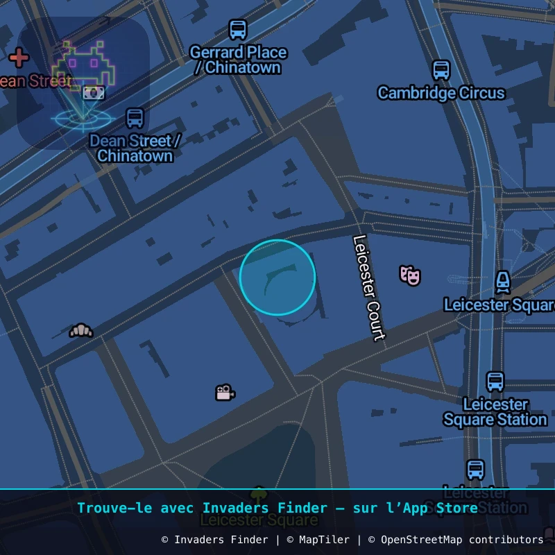 Zone approximative de l'invader LDN_143, dans le quartier Soho, Cité de Westminster à Londres. Emplacement exact disponible dans l'app Invaders Finder.