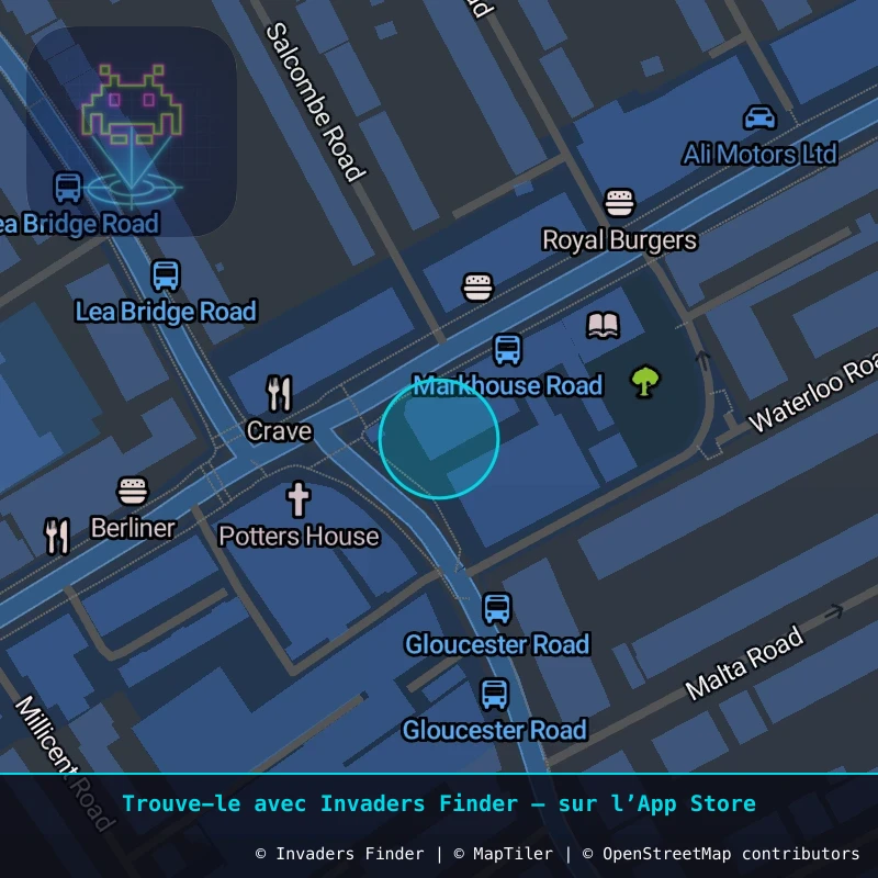 Zone approximative de l'invader LDN_148, dans le quartier Leyton à Londres. Emplacement exact disponible dans l'app Invaders Finder.