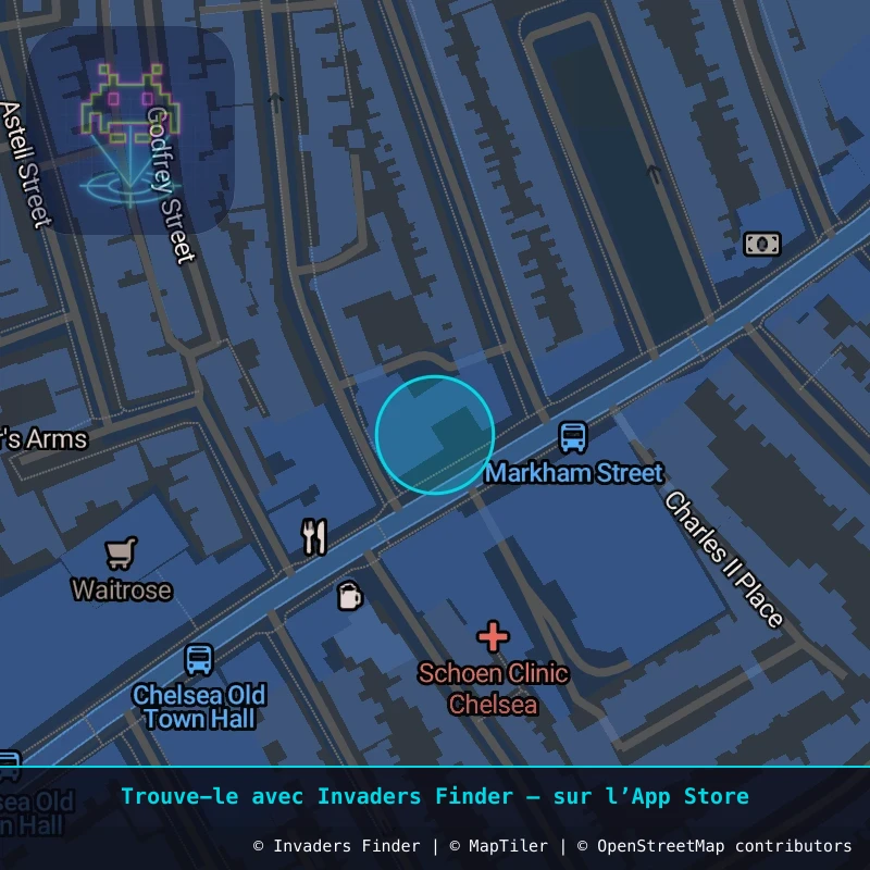 Zone approximative de l'invader LDN_154, dans le quartier Chelsea, Grand Londres à Londres. Emplacement exact disponible dans l'app Invaders Finder.