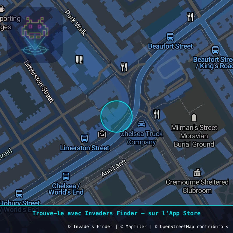 Zone approximative de l'invader LDN_155, dans le quartier Chelsea, Grand Londres à Londres. Emplacement exact disponible dans l'app Invaders Finder.