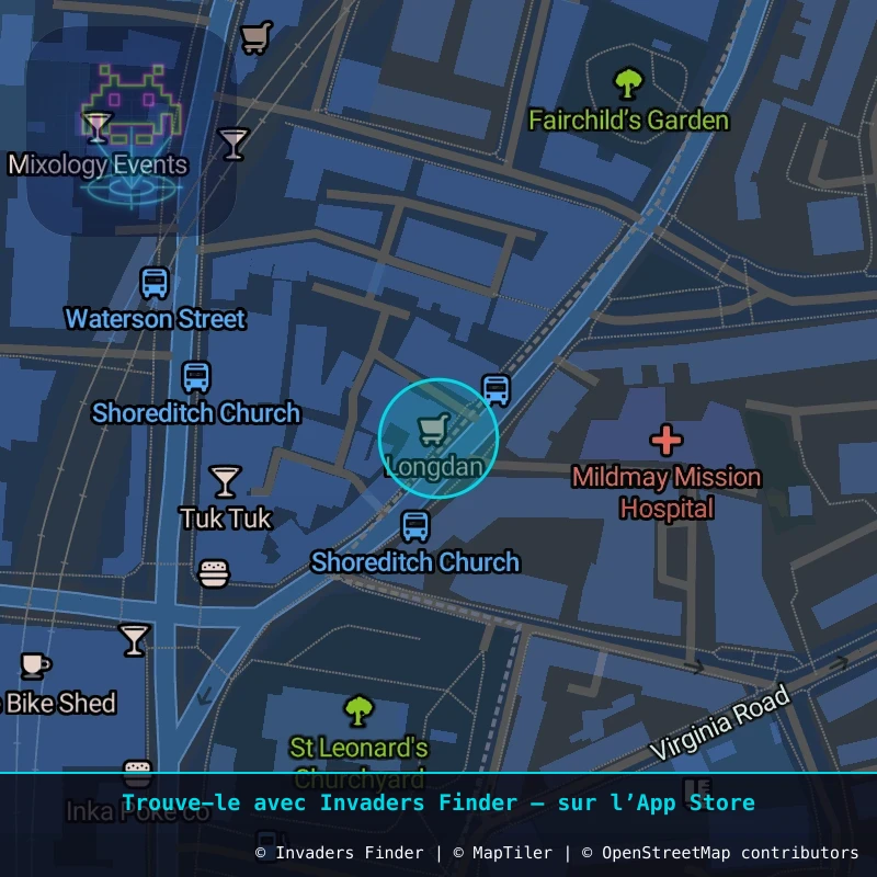 Zone approximative de l'invader LDN_172, dans le quartier Spitalfields, Grand Londres à Londres. Emplacement exact disponible dans l'app Invaders Finder.