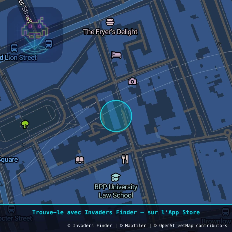 Zone approximative de l'invader LDN_175, dans le quartier Soho, Cité de Westminster à Londres. Emplacement exact disponible dans l'app Invaders Finder.