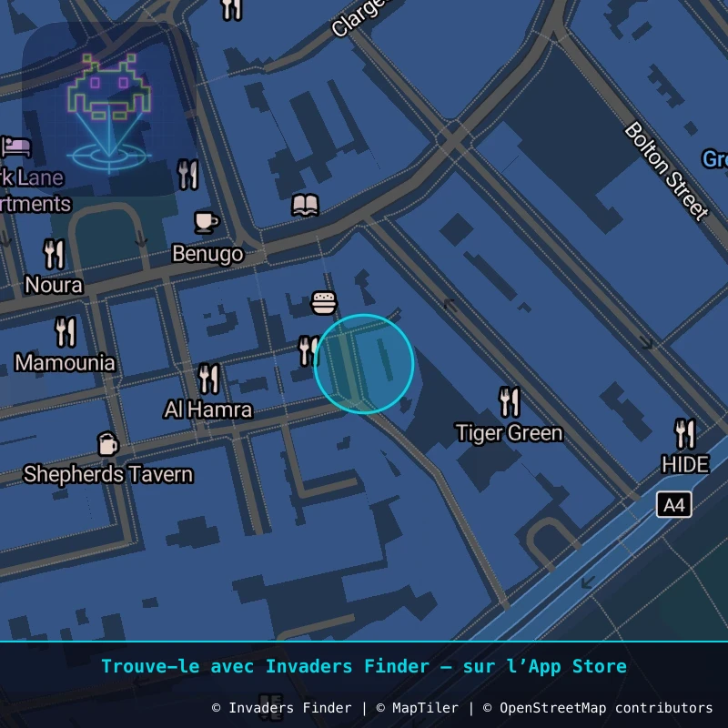 Zone approximative de l'invader LDN_184, dans le quartier Soho, Cité de Westminster à Londres. Emplacement exact disponible dans l'app Invaders Finder.