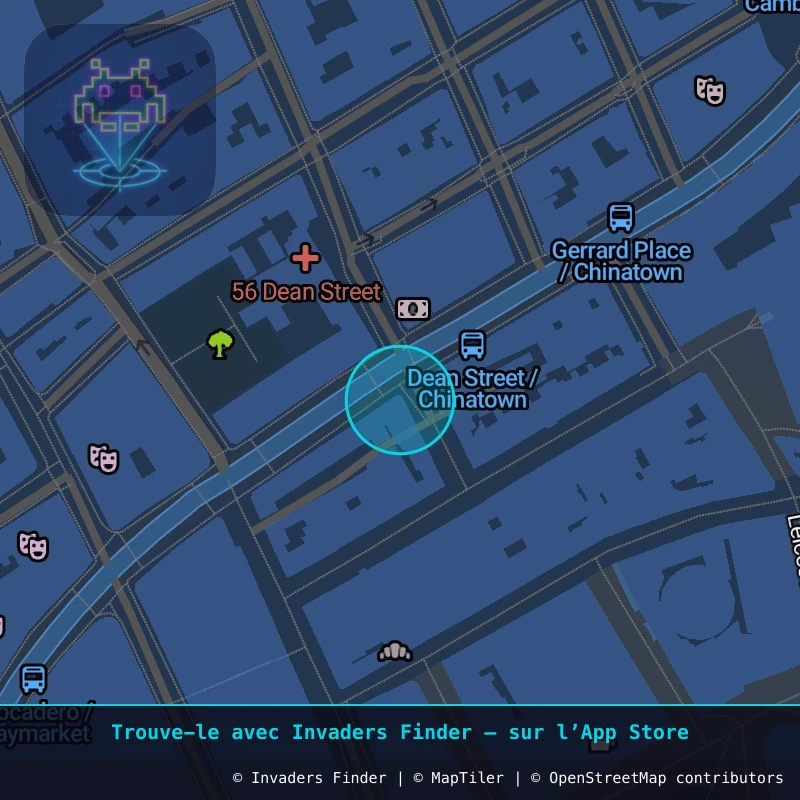 Zone approximative de l'invader LDN_190, dans le quartier Soho, Cité de Westminster à Londres. Emplacement exact disponible dans l'app Invaders Finder.