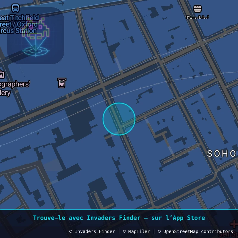 Zone approximative de l'invader LDN_191, dans le quartier Soho, Cité de Westminster à Londres. Emplacement exact disponible dans l'app Invaders Finder.