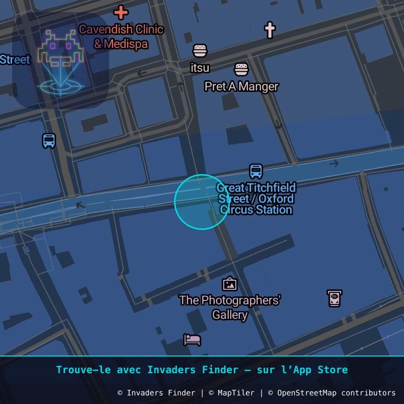 Zone approximative de l'invader LDN_29, dans le quartier Soho, Cité de Westminster à Londres. Emplacement exact disponible dans l'app Invaders Finder.