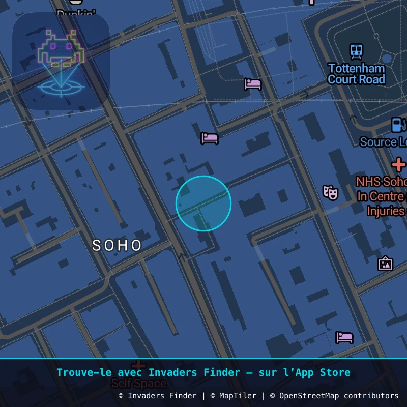 Zone approximative de l'invader LDN_55, dans le quartier Soho, Cité de Westminster à Londres. Emplacement exact disponible dans l'app Invaders Finder.