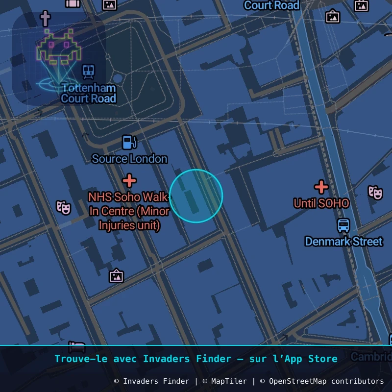 Zone approximative de l'invader LDN_64, dans le quartier Soho, Cité de Westminster à Londres. Emplacement exact disponible dans l'app Invaders Finder.