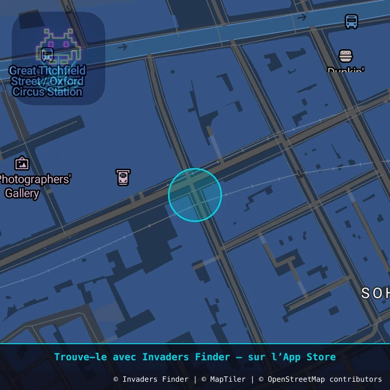 Zone approximative de l'invader LDN_91, dans le quartier Soho, Cité de Westminster à Londres. Emplacement exact disponible dans l'app Invaders Finder.