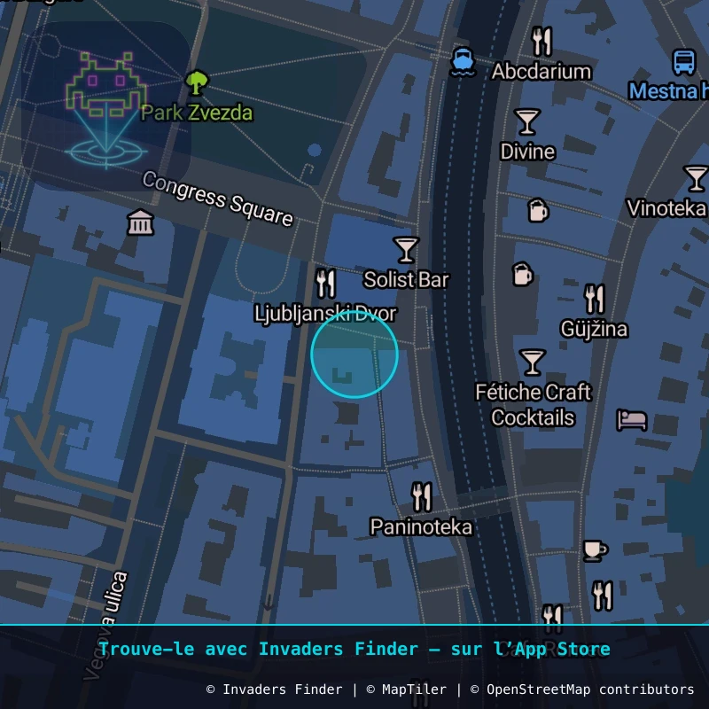 Zone approximative de l'invader LJU_14, dans le quartier Grajski grič, Ljubljana à Ljubljana. Emplacement exact disponible dans l'app Invaders Finder.